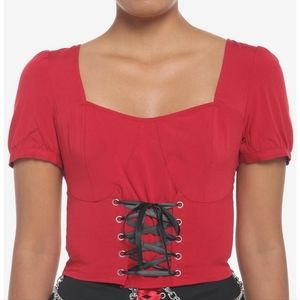Red & Black Corset Lace-Up Girls Crop Top - small